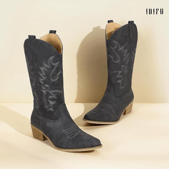 Women Grey Manmade Material Mid Calf Embroidered Low Heel Pointed Toe Boots - Picture 4 of 6